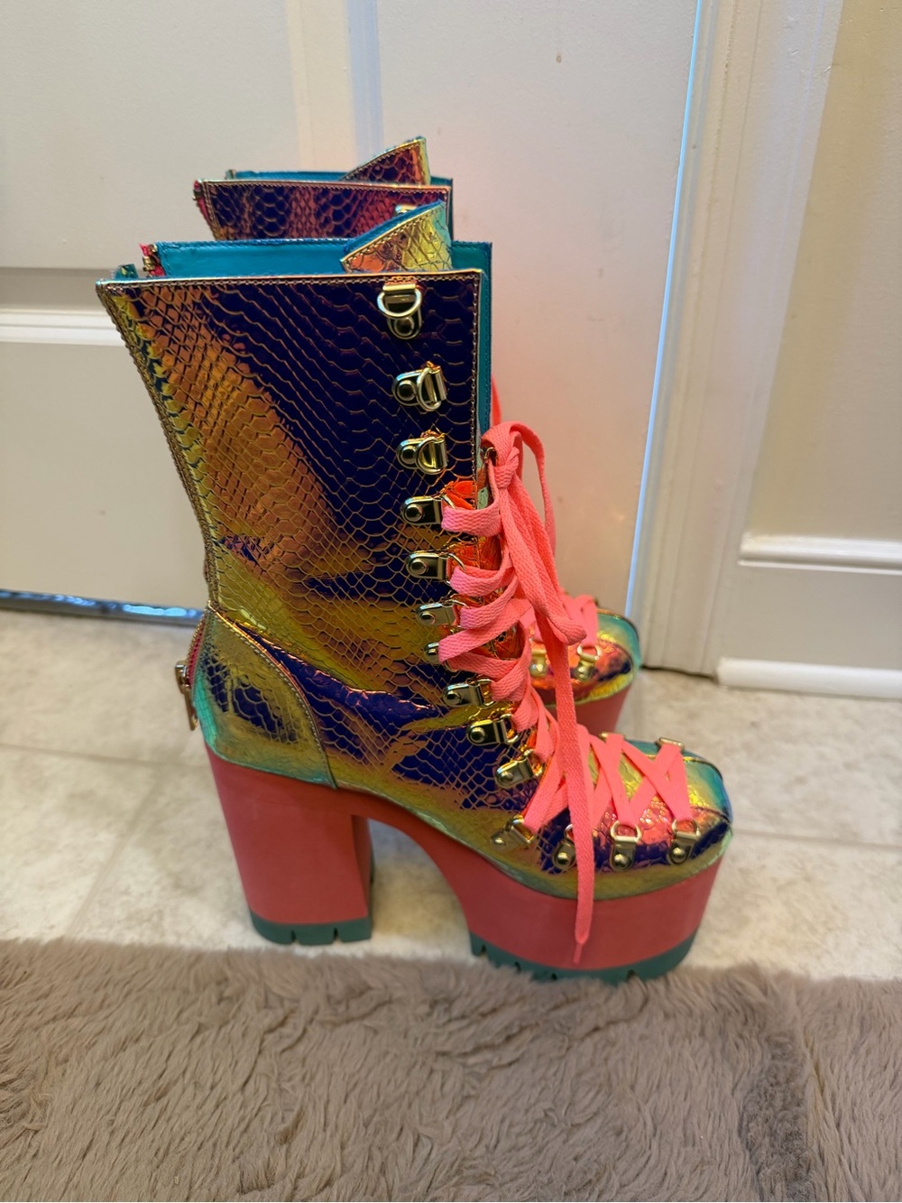 Iridescent Multi-Color Platform Heeled Boots with Coral Laces
